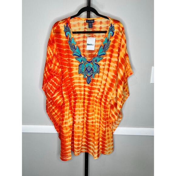 Fig & Vine Orange Tie Dye Beaded Summer Kaftan Tunic Beach Coverup Size XL NWT - Picture 2 of 6